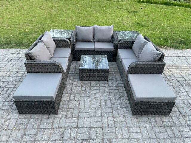 Rackhams 8 Seater Outdoor Garden Furniture Sets Wicker Rattan Furniture Sofa Sets with Square Coffee Table Love seat Sofa 2 Big Footstool 2 Side Tables - image 1