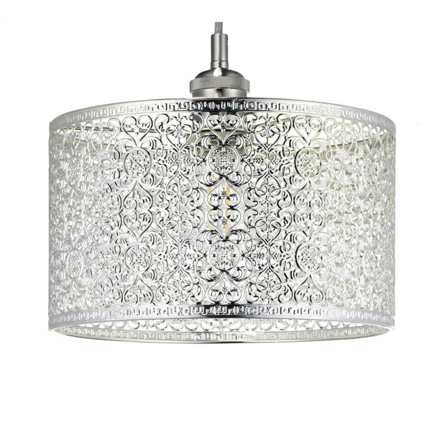 Rackhams Ornate Moroccan Style Decorated Shiny Silver Metal Pendant Shade 25cm x 15cm - image 1