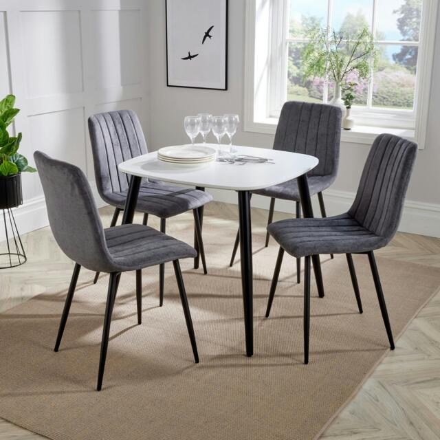 Rackhams Aspen Dining Set - White Square Table & 4 Upholstered Straight Stitch Dining Chairs - Grey - image 1