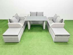 Rackhams 8 Seater Patio Garden Furniture Sets with Black Glass Top Dining Table Love Sofa Side Table 2 Big Stool Light Grey