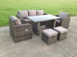 Rackhams PE Rattan Garden Furniture Set Adjustable Chair Lounge 3 Seater Sofa Oblong Rectangular Dining Black Glass Table 2 Stools - thumbnail 1