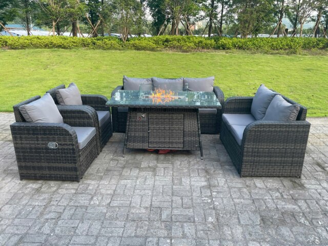 Rackhams Dark Mixed Grey Rattan Outdoor Garden Furniture Gas Fire Pit Table Sets Gas Heater Lounge Love Sofa Reclining Chairs 7 Seater - image 1