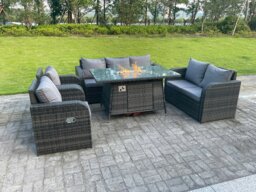 Rackhams Dark Mixed Grey Rattan Outdoor Garden Furniture Gas Fire Pit Table Sets Gas Heater Lounge Love Sofa Reclining Chairs 7 Seater - thumbnail 4