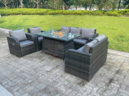 Rackhams Dark Mixed Grey Rattan Outdoor Garden Furniture Gas Fire Pit Table Sets Gas Heater Lounge Love Sofa Reclining Chairs 7 Seater - thumbnail 3