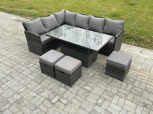 Rackhams Wicker PE Outdoor Rattan Garden Furniture Set Height Adjustable Rising Lifting Table Sofa Dining Set with 3 Small Footstools Dark Grey Mixed - image 1