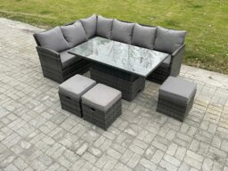 Rackhams Wicker PE Outdoor Rattan Garden Furniture Set Height Adjustable Rising Lifting Table Sofa Dining Set with 3 Small Footstools Dark Grey Mixed