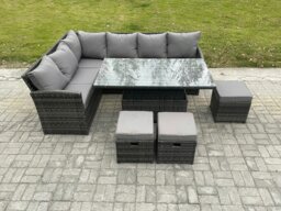 Rackhams Wicker PE Outdoor Rattan Garden Furniture Set Height Adjustable Rising Lifting Table Sofa Dining Set with 3 Small Footstools Dark Grey Mixed - thumbnail 2