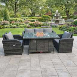Rackhams 5 Seater Rattan Garden Furniture Set with Gas Fire Pit Table, Sofa & 2 Reclining Chairs - Dark Grey - thumbnail 1