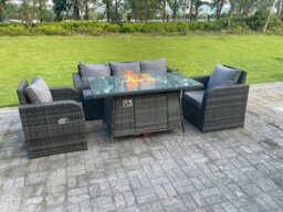 Rackhams 5 Seater Rattan Garden Furniture Set with Gas Fire Pit Table, Sofa & 2 Reclining Chairs - Dark Grey - thumbnail 4