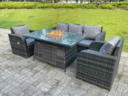 Rackhams 5 Seater Rattan Garden Furniture Set with Gas Fire Pit Table, Sofa & 2 Reclining Chairs - Dark Grey - thumbnail 5