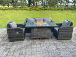 Rackhams 5 Seater Rattan Garden Furniture Set with Gas Fire Pit Table, Sofa & 2 Reclining Chairs - Dark Grey - thumbnail 2