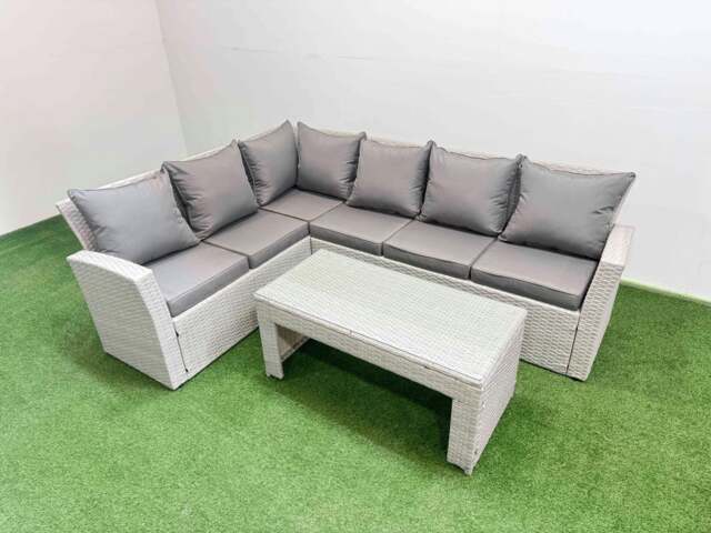 Rackhams Rattan Garden Furniture Set Outdoor 6 Seater Corner Sofa Sets with Oblong Coffee Table Light Grey Mixed - image 1
