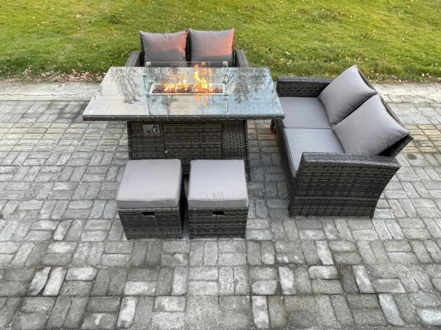 Rackhams 5 Pieces Garden Furniture Sets Poly Rattan Outdoor Patio Gas Fire Pit Dining Table Sofa Set with 2 Small Footstools - image 1