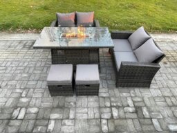 Rackhams 5 Pieces Garden Furniture Sets Poly Rattan Outdoor Patio Gas Fire Pit Dining Table Sofa Set with 2 Small Footstools - thumbnail 1