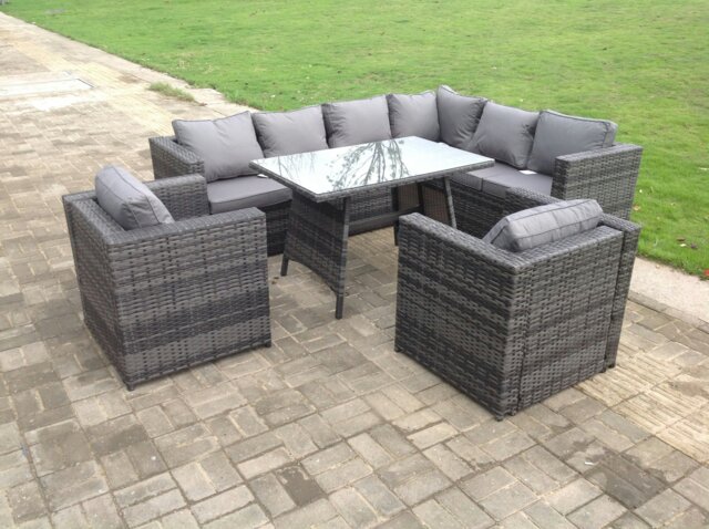 Rackhams Rattan Corner Sofa Set Garden Furniture With 2 Chairs And Dining Table Right Hand - image 1