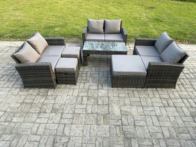 Rackhams Outdoor U Shape Sofa Set Wicker PE Rattan Garden Furniture Set with Coffee Table Double Seat Sofa 3 Footstools Dark Grey Mixed - image 1