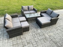 Rackhams Outdoor U Shape Sofa Set Wicker PE Rattan Garden Furniture Set with Coffee Table Double Seat Sofa 3 Footstools Dark Grey Mixed - thumbnail 2