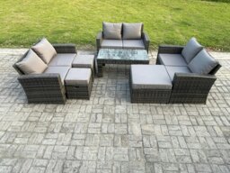 Rackhams Outdoor U Shape Sofa Set Wicker PE Rattan Garden Furniture Set with Coffee Table Double Seat Sofa 3 Footstools Dark Grey Mixed - thumbnail 1