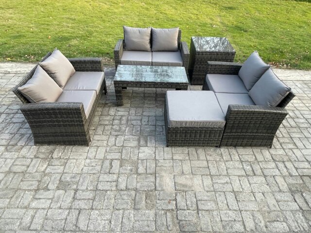 Rackhams 7 Seater Rattan Wicker Garden Furniture Patio Conservatory Sofa Set with Coffee Table Double Seater Sofa Big Footstool Side Table - image 1