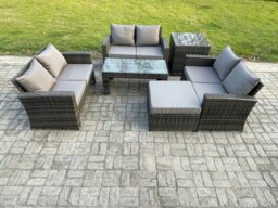 Rackhams 7 Seater Rattan Wicker Garden Furniture Patio Conservatory Sofa Set with Coffee Table Double Seater Sofa Big Footstool Side Table - thumbnail 1