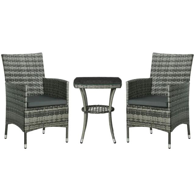 Rackhams 3 Pieces Rattan Bistro Set, Wicker Garden Furniture Set with 2-Tier Coffee Table and Chairs, Washable Cushions, for Outdoor Patio Balcony, Mixed Grey - image 1
