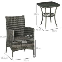 Rackhams 3 Pieces Rattan Bistro Set, Wicker Garden Furniture Set with 2-Tier Coffee Table and Chairs, Washable Cushions, for Outdoor Patio Balcony, Mixed Grey - thumbnail 2