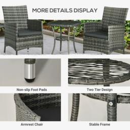 Rackhams 3 Pieces Rattan Bistro Set, Wicker Garden Furniture Set with 2-Tier Coffee Table and Chairs, Washable Cushions, for Outdoor Patio Balcony, Mixed Grey - thumbnail 4