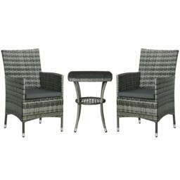 Rackhams 3 Pieces Rattan Bistro Set, Wicker Garden Furniture Set with 2-Tier Coffee Table and Chairs, Washable Cushions, for Outdoor Patio Balcony, Mixed Grey - thumbnail 1