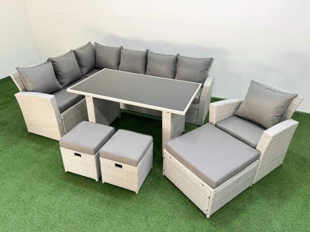 Rackhams 10 Seater Rattan Corner Sofa Outdoor Garden Furniture Set with Rectangular Dining Table Lounge Sofa 3 Footstools Armchair Light Grey - image 1