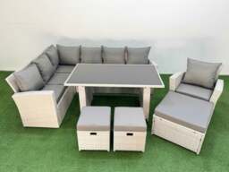 Rackhams 10 Seater Rattan Corner Sofa Outdoor Garden Furniture Set with Rectangular Dining Table Lounge Sofa 3 Footstools Armchair Light Grey - thumbnail 2