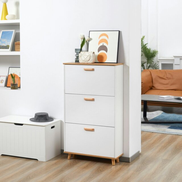 Rackhams 12 Pair Slim Shoe Cabinet w/ 3 Flip Drawers for Entryway, Cream - White - image 1