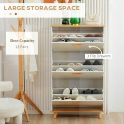 Rackhams 12 Pair Slim Shoe Cabinet w/ 3 Flip Drawers for Entryway, Cream - White - thumbnail 4