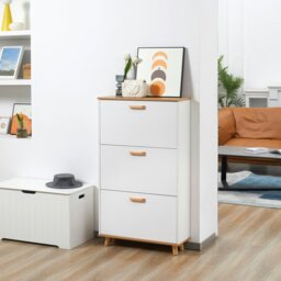 Rackhams 12 Pair Slim Shoe Cabinet w/ 3 Flip Drawers for Entryway, Cream - White