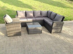 Rackhams 7 seater high back dark grey mixed rattan corner sofa set chair square coffee table outdoor furniture right option - thumbnail 1