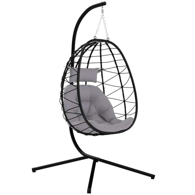 Rackhams Hanging Egg Chair Outdoor Indoor Garden Swing Chair with Folding Basket, Thickened Cushion, Garden Hanging Chair with Stand, Headrest, Grey