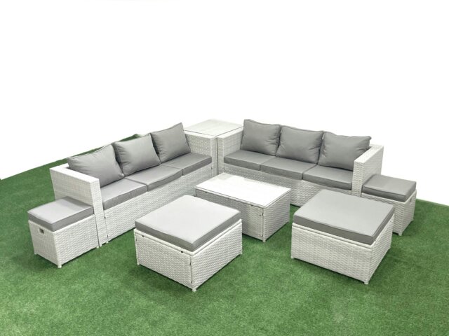 Rackhams 8 Pieces Rattan Garden Furniture Set Outdoor Garden Sofa Coffee Table Set with Side Table 4 Footstools Light Grey Mixed - image 1