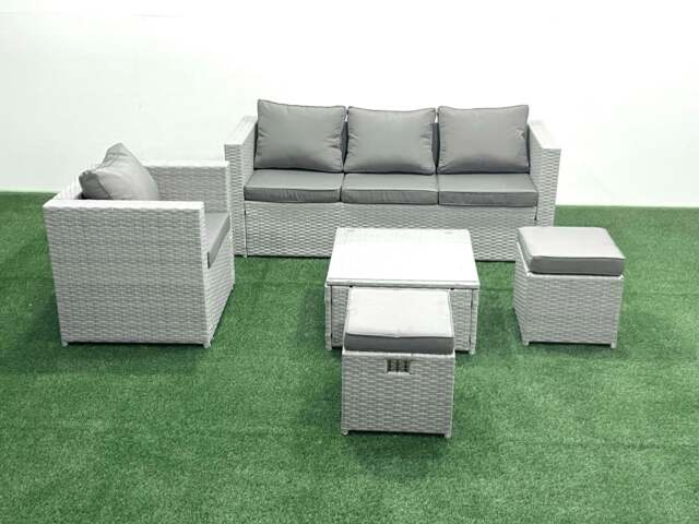 Rackhams 6 Seater Rattan Garden Furniture Set with 3 Seater Sofa Chair Square Coffee Table Big Footstool Light Grey Mixed - image 1