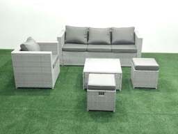 Rackhams 6 Seater Rattan Garden Furniture Set with 3 Seater Sofa Chair Square Coffee Table Big Footstool Light Grey Mixed - thumbnail 1
