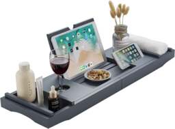 Rackhams Bamboo Bath Tray Extendable Bath Caddy Trays for Bathtub Accessories with Tablet Slots Candle Cup Holder Grey - Bamboo - 1 - Grey - thumbnail 1