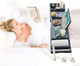 Rackhams Bamboo Bath Tray Extendable Bath Caddy Trays for Bathtub Accessories with Tablet Slots Candle Cup Holder Grey - Bamboo - 1 - Grey - thumbnail 3