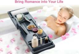 Rackhams Bamboo Bath Tray Extendable Bath Caddy Trays for Bathtub Accessories with Tablet Slots Candle Cup Holder Grey - Bamboo - 1 - Grey - thumbnail 4