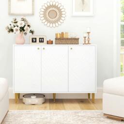 Rackhams Sideboard Storage Cabinet with 3 Carved Line Doors and 5 Legs White