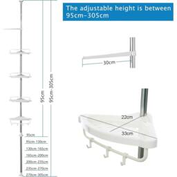 Rackhams 4-Tier Telescopic Bathroom Corner Shelf Wall Mount Shower Caddy Storage Organizer - White - 1 - Iron - thumbnail 4