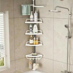 Rackhams 4-Tier Telescopic Bathroom Corner Shelf Wall Mount Shower Caddy Storage Organizer - White - 1 - Iron - thumbnail 2