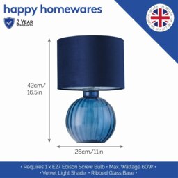 Rackhams Contemporary Midnight Blue Ribbed Glass Table Lamp with Navy Blue Velvet Shade - thumbnail 4