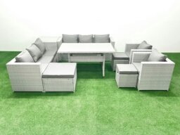 Rackhams Rattan Garden Furniture Set Outdoor 8 Seater Patio Dinin g Sofa Sets with Dining Table 2 Chairs Side Table 3 Footstools Light Grey Mixed - thumbnail 1