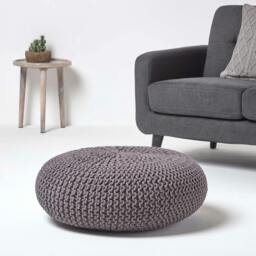 Rackhams Large Round Cotton Knitted Pouffe Footstool - Grey - thumbnail 2