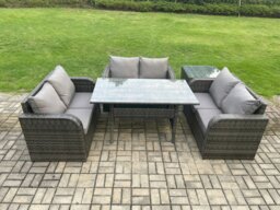 Rackhams Wicker PE Rattan Sofa Outdoor Garden Furniture Set with Rectangular Dining Table Side Table Dark Grey Mixed - thumbnail 1