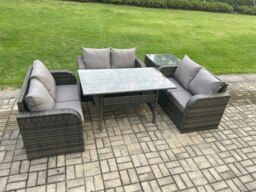 Rackhams Wicker PE Rattan Sofa Outdoor Garden Furniture Set with Rectangular Dining Table Side Table Dark Grey Mixed - thumbnail 2