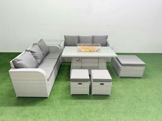 Rackhams Outdoor Garden Furniture Set 9 Seater Rattan Furniture Sofa Set with Fire Pit Dining Table high Back Lounge Sofa 3 Stools Side Table Light Grey - image 1